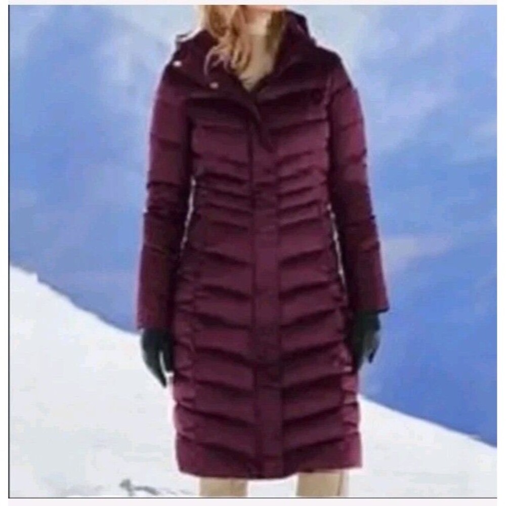 Land’s End Women's Down Long Jacket sz M With Hood Burgundy Winter Coat